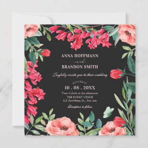 Black Red green floral wreath wedding Invitation