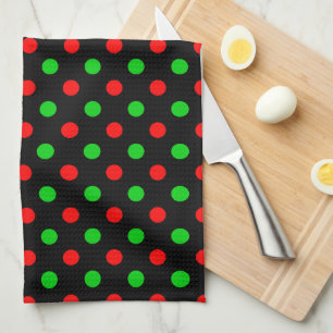 Black Red Green Polka Dots Design Tea Towel