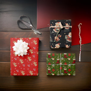 Black Red Green Santa Angels Poinsettia Wrapping Paper Sheet