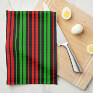Black Red Green Stripes Pattern Tea Towel
