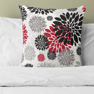 Black Red Grey Flower Pattern Throw Pillow