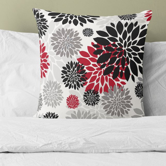 Black Red Grey Flower Pattern Throw Pillow (Creator Uploaded)