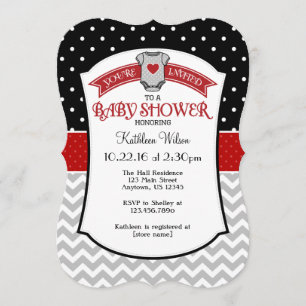 Black Red Grey Polkadot Chevron Baby Shower Invite