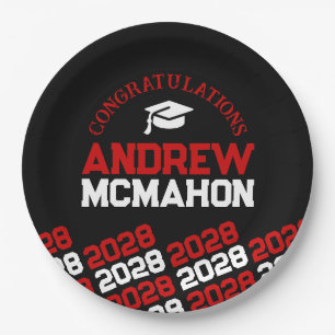 Black & Red Half Repeat Grad Personalised Paper Plate