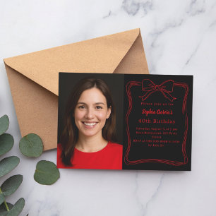 Black red hand-drawn bow photo birthday invitation