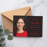Black red hand-drawn bow photo birthday save the date<br><div class="desc">A photo Save the date for a 40th (or any age) birthday
On front: Add a vertical size photo. A black background colour,  decorated with a red hand-drawn bow and frame. Personalise and add a name and details.</div>