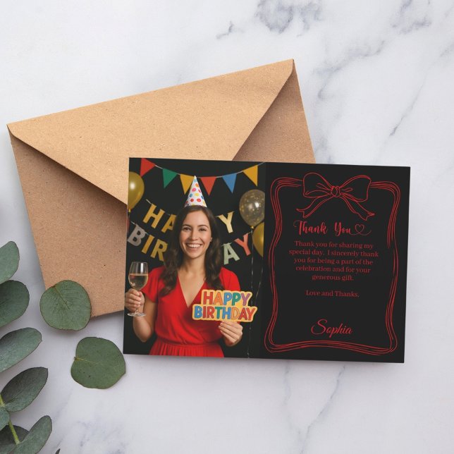 Black red hand-drawn bow photo birthday thank you card (Creator Uploaded)