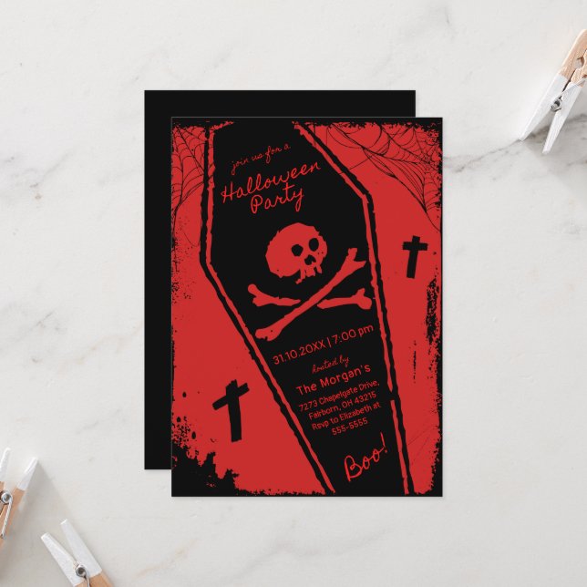 Black & Red Hand Drawn Coffin Halloween Party Invitation (Front/Back In Situ)