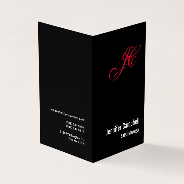 Black Red Handwriting Monogram Name Minimalist Business Card (Outside)