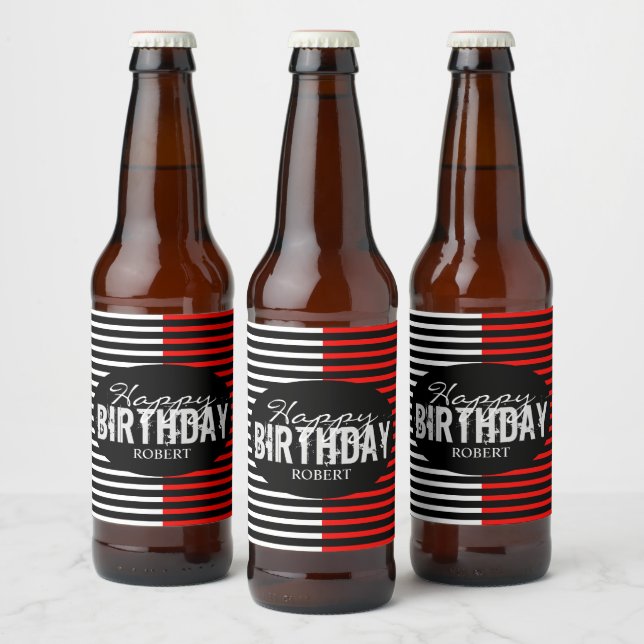 Black & Red Happy Birthday Beer Bottle Label (Bottles)