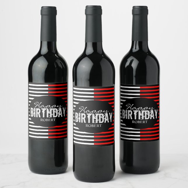 Black & Red Happy Birthday Wine Label (Bottles)