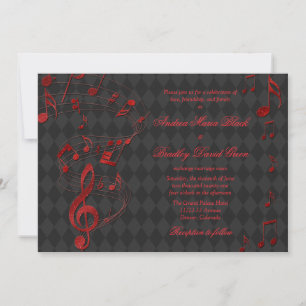 Black Red Harlequin Music Notes Wedding Invitation