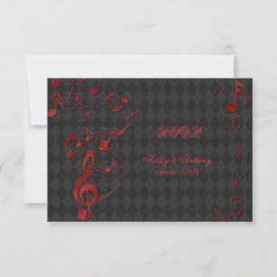 Black Red Harlequin Music Notes Wedding RSVP card