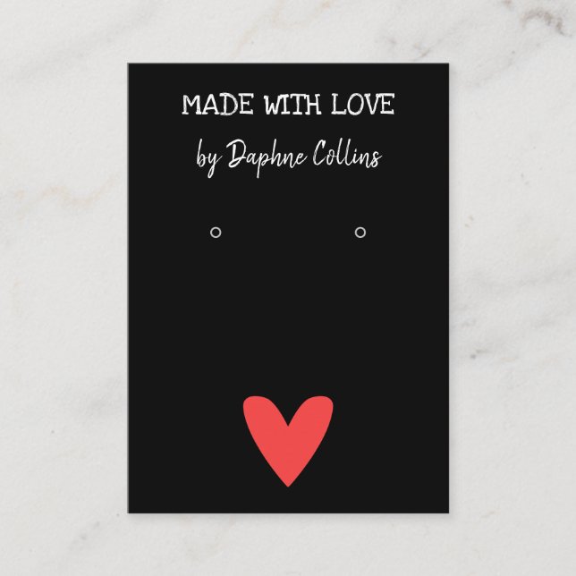 Black Red Heart Made With Love Earring Display Business Card (Front)