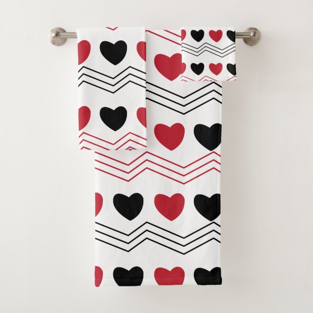 Black Red Hearts Chevron Stripe  Bath Towel Set (Insitu)