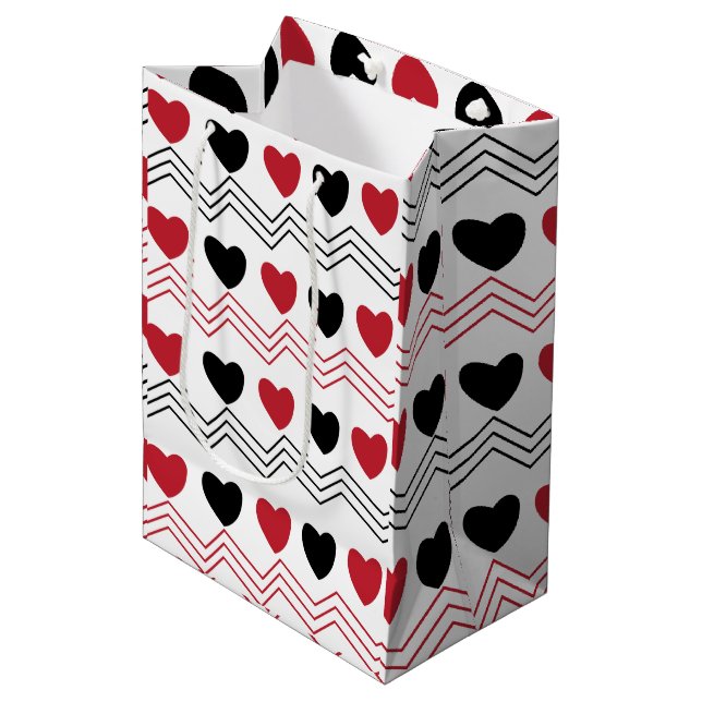 Black Red Hearts Chevron Stripe Pattern Medium Gift Bag (Front Angled)