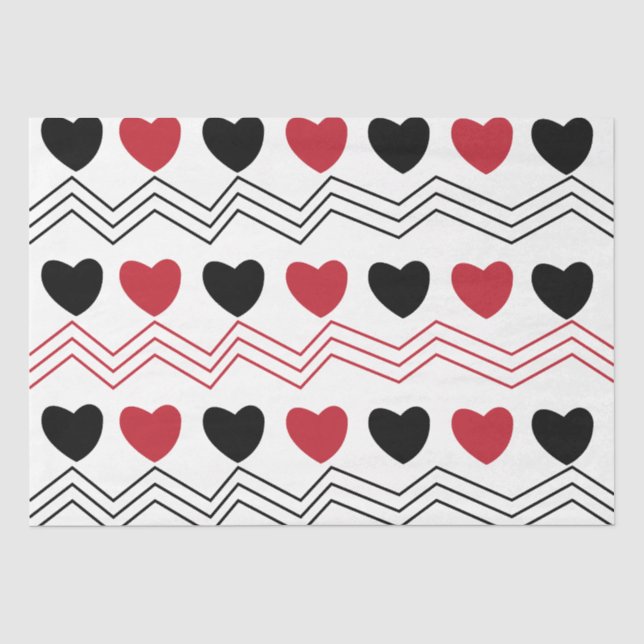 Black Red Hearts Chevron Stripe  Tissue Paper (Front)