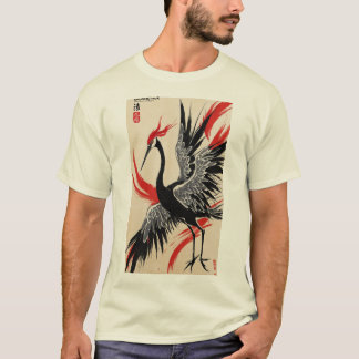 Black & Red Ink Crane T-Shirt - Chinese Style Ink 