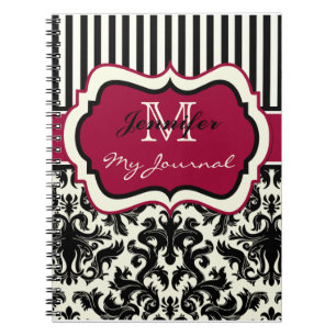 Black red ivory Striped Damask Journal Notebook