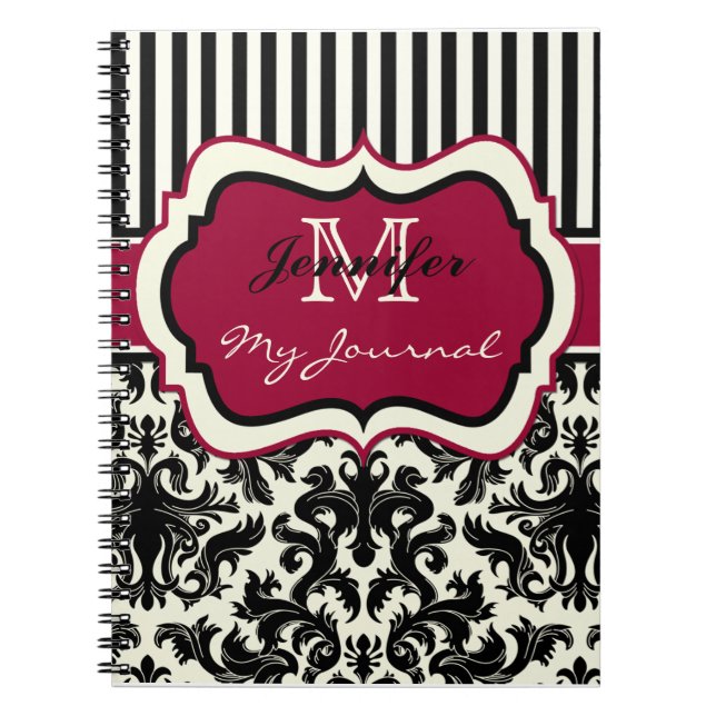 Black red ivory Striped Damask Journal Notebook (Front)