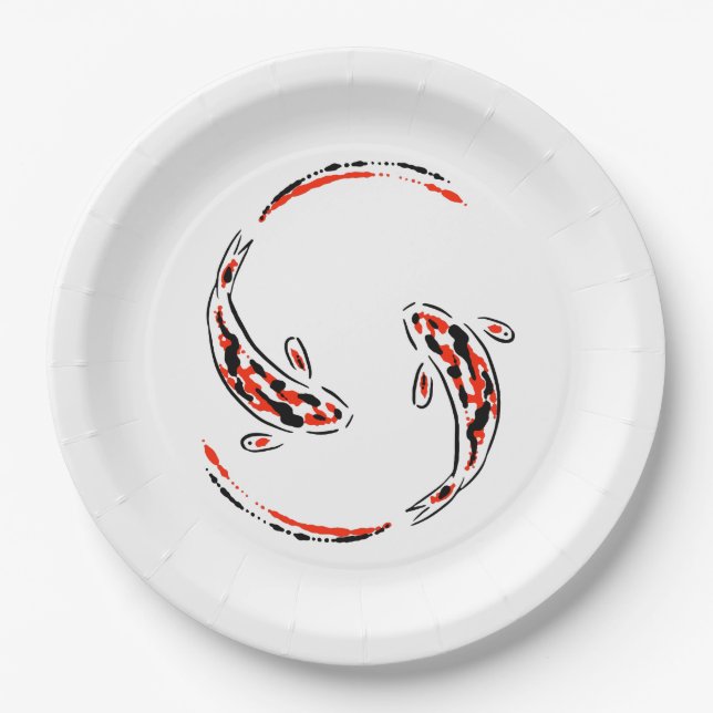 Black & Red Japanese Koi Fish Artistic Paper Plate (Front)