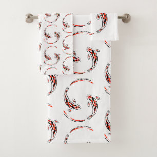 Black & Red Japanese Koi Fish Artistic Pattern Bath Towel Set