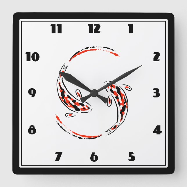Black & Red Japanese Koi Fish Artistic Square Wall Clock (Front)
