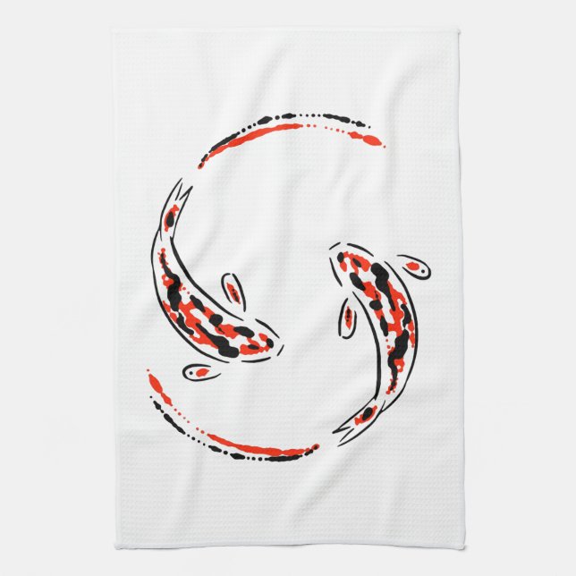 Black & Red Japanese Koi Fish Artistic Tea Towel (Vertical)