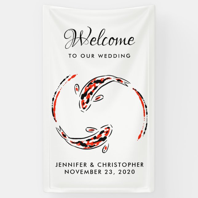 Black & Red Japanese Koi Fish Artistic Wedding Banner (Vertical)