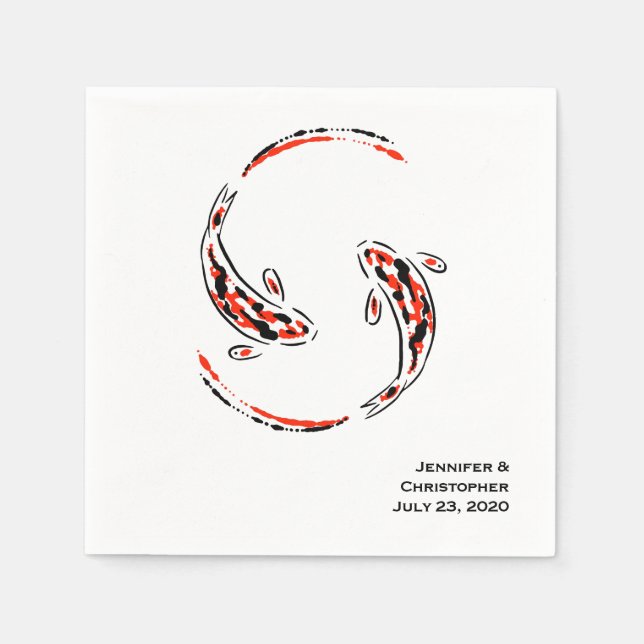 Black & Red Japanese Koi Fish Artistic Wedding Napkin (Front)