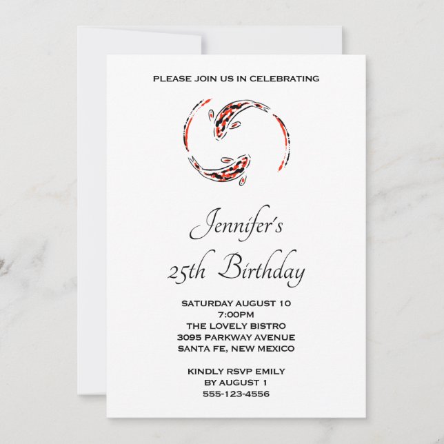 Black & Red Japanese Koi Fish Pair Birthday Invitation (Front)