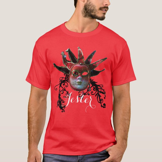 BLACK RED JESTER MASK,FLORAL SWIRLS Masquerade T-Shirt (Front)