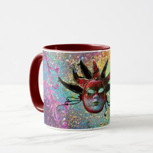 BLACK RED JESTER MASK Masquerade Blue Pink Floral Mug
