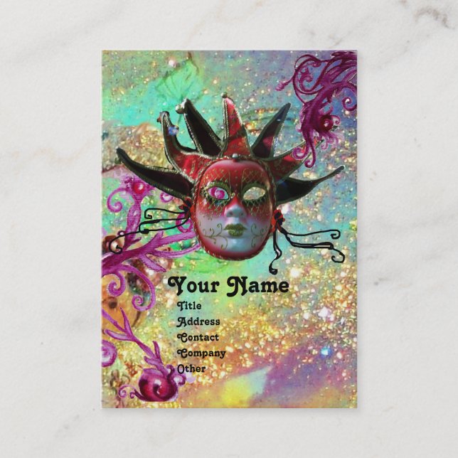 BLACK RED JESTER MASK Masquerade Party Blue Green Business Card (Front)