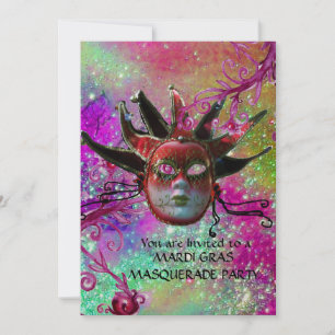 BLACK  RED JESTER MASK ,Masquerade Party Champagne Invitation