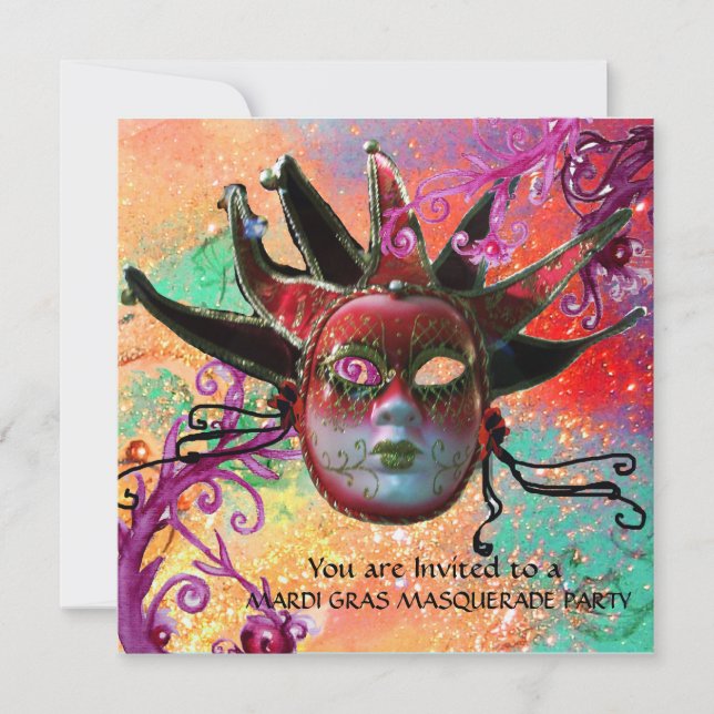 BLACK  RED JESTER MASK ,Masquerade Party Champagne Invitation (Front)