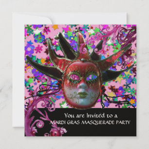 BLACK RED JESTER MASK ,Masquerade Party Champagne Invitation