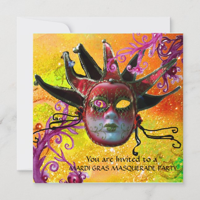 BLACK  RED JESTER MASK ,Masquerade Party Champagne Invitation (Front)