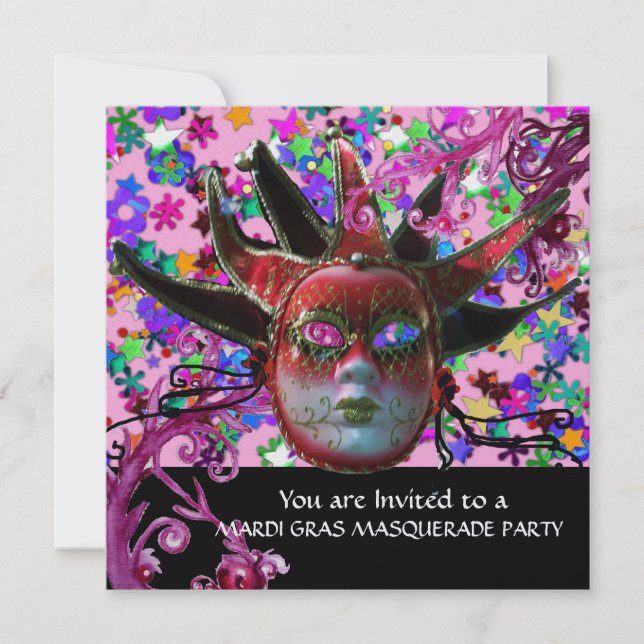 BLACK  RED JESTER MASK ,Masquerade Party Ice Metal Invitation (Front)
