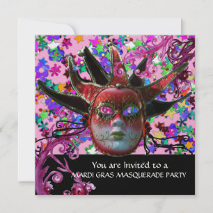 BLACK  RED JESTER MASK ,Masquerade Party Ice Metal Invitation