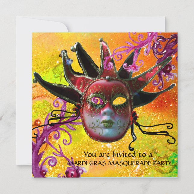 BLACK  RED JESTER MASK ,Masquerade Party Invitation (Front)