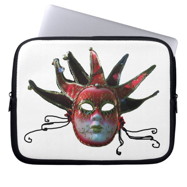 BLACK  RED JESTER MASK ,Masquerade Party Laptop Sleeve (Front)