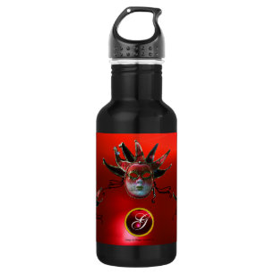 BLACK  RED JESTER MASK ,Masquerade Party Monogram 532 Ml Water Bottle