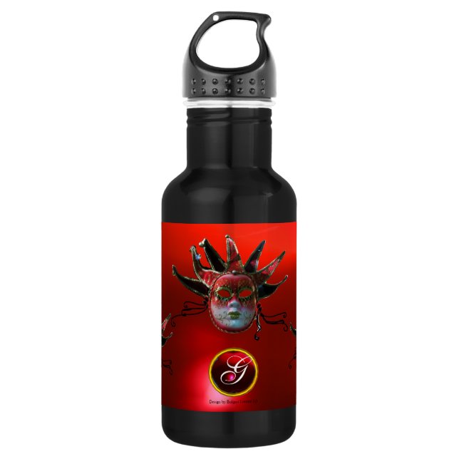 BLACK  RED JESTER MASK ,Masquerade Party Monogram 532 Ml Water Bottle (Front)