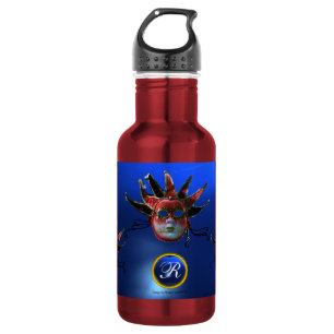 BLACK  RED JESTER MASK ,Masquerade Party Monogram 532 Ml Water Bottle