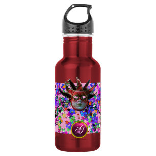 BLACK  RED JESTER MASK ,Masquerade Party Monogram 532 Ml Water Bottle