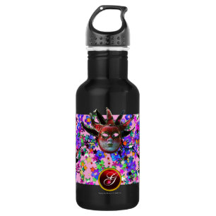 BLACK  RED JESTER MASK ,Masquerade Party Monogram 532 Ml Water Bottle
