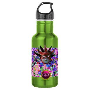 BLACK  RED JESTER MASK ,Masquerade Party Monogram 532 Ml Water Bottle