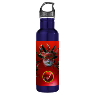 BLACK  RED JESTER MASK ,Masquerade Party Monogram 710 Ml Water Bottle