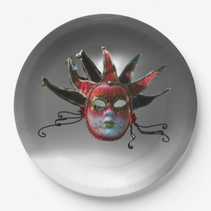 BLACK  RED JESTER MASK ,Masquerade Party Paper Plate
